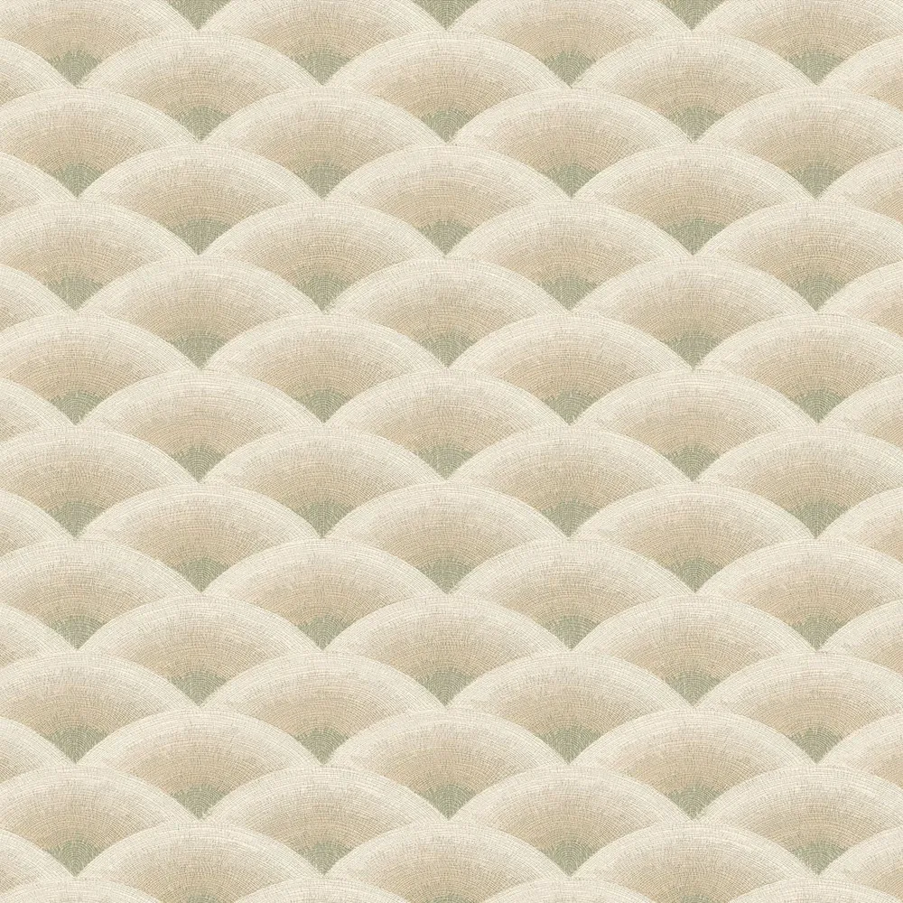 Tapeta se strukturou napodobující geometrický výšivkový vzor vlny NAMI - SABLE/EUCALYPTUS pískově béžová se zelenou