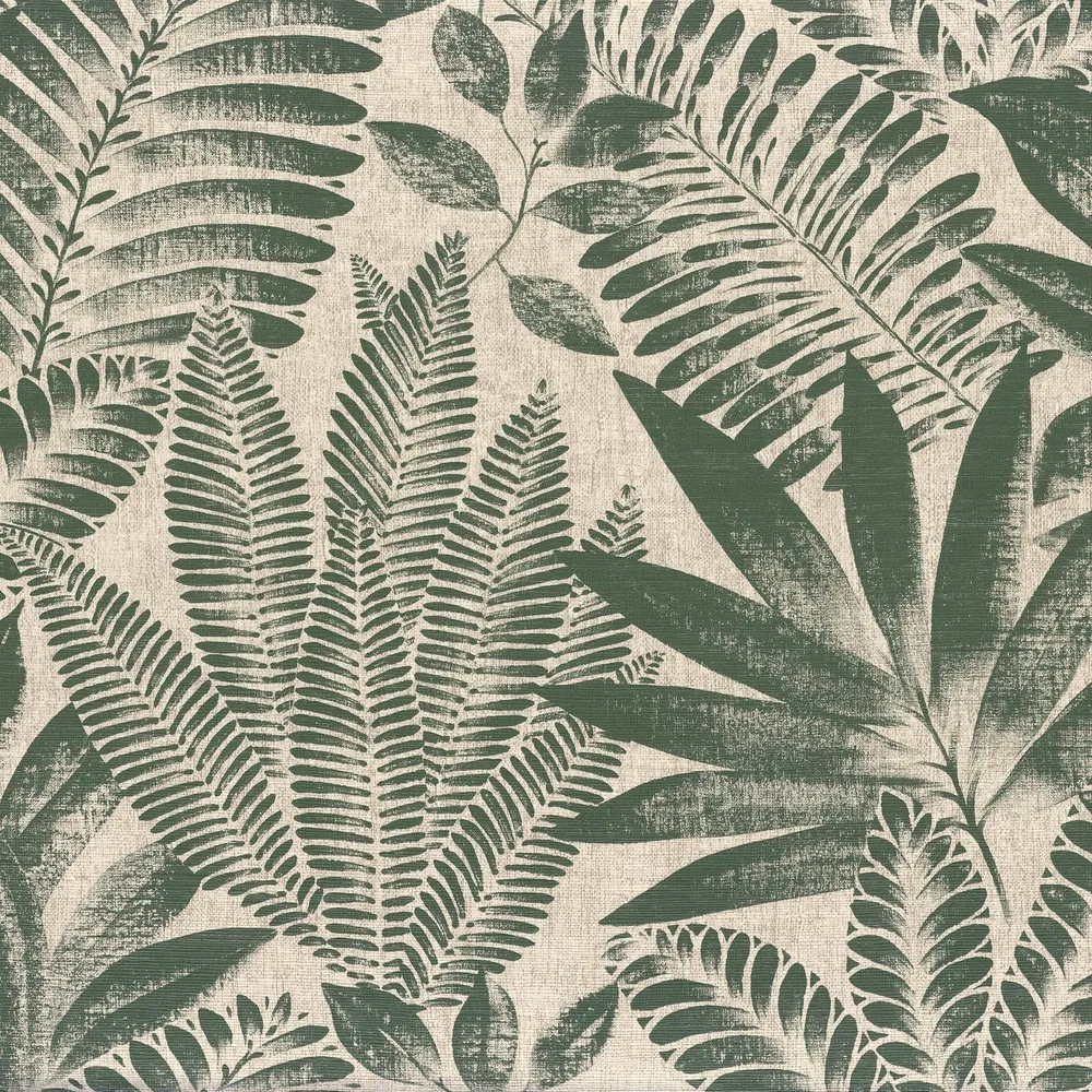 Tapeta se strukturou napodobující plátno s rostlinným motivem ALOES - VERT IMPERIAL/GREGE zelená s béžovou