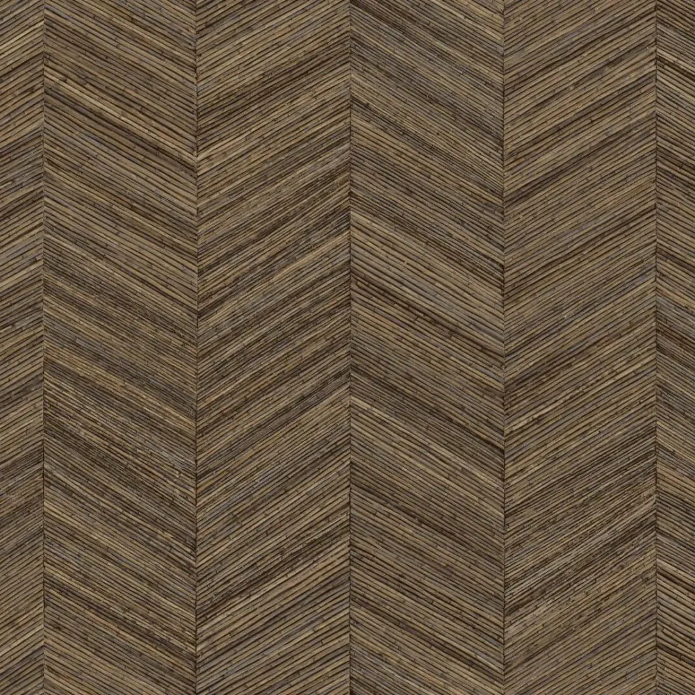 Tapeta strukturovaná geometrická napodobující dřevo s vzorem rybí kosti OCOTEA - SEPIA teplá hnědá