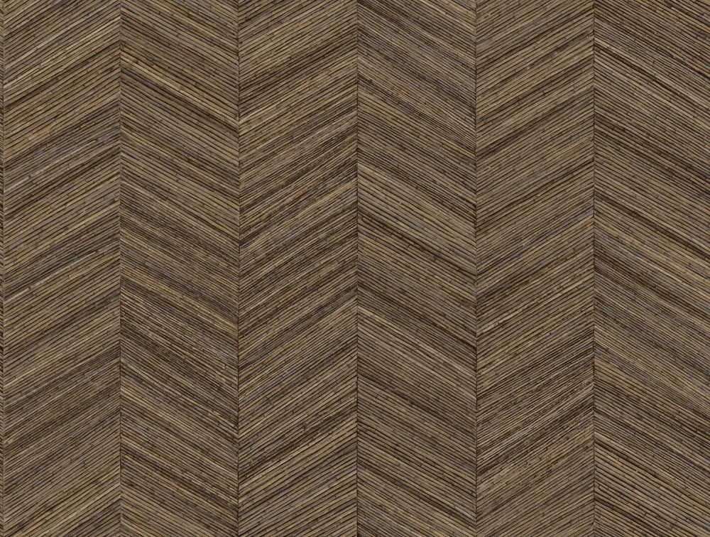 Tapeta strukturovaná geometrická napodobující dřevo s vzorem rybí kosti OCOTEA - SEPIA teplá hnědá