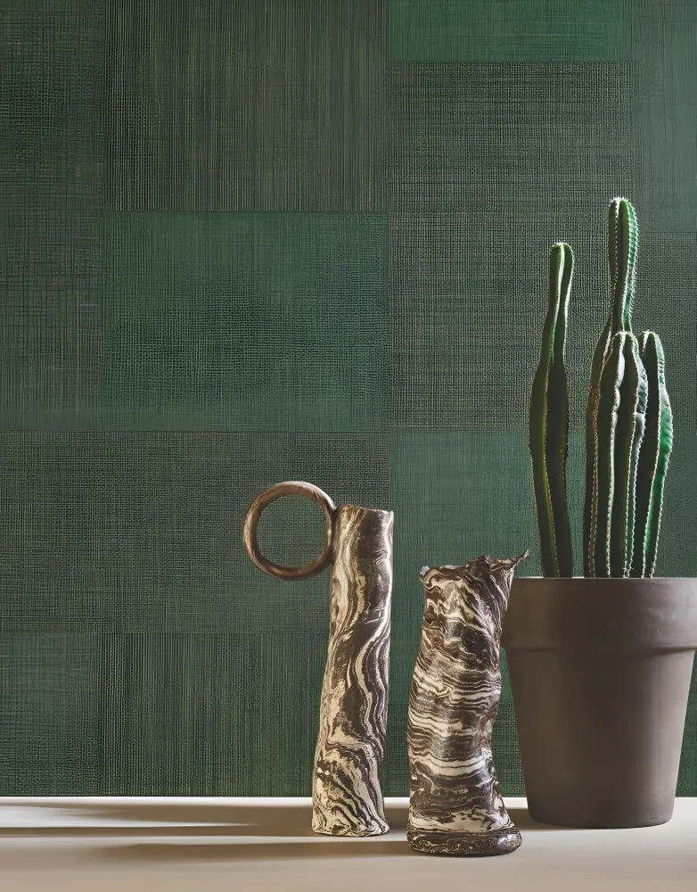 Tapeta strukturovaná geometrická patchwork napodobující tkaninu MESTIZO - CACTUS kaktusová zeleň