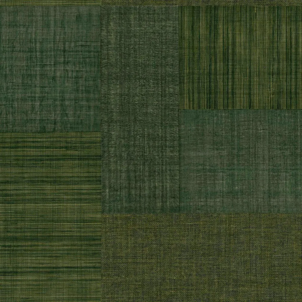 Tapeta strukturovaná geometrická patchwork napodobující tkaninu MESTIZO - VERT ÊT lesní zelená