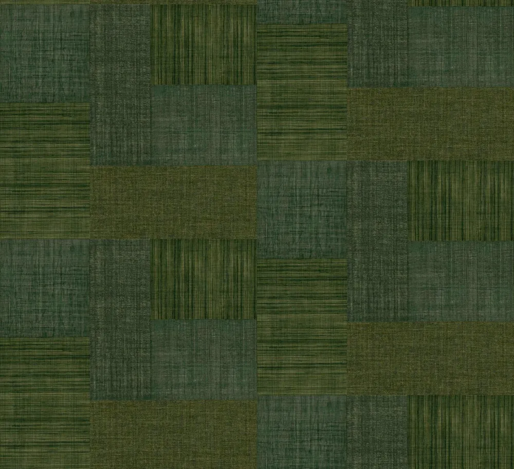 Tapeta strukturovaná geometrická patchwork napodobující tkaninu MESTIZO - VERT ÊT lesní zelená
