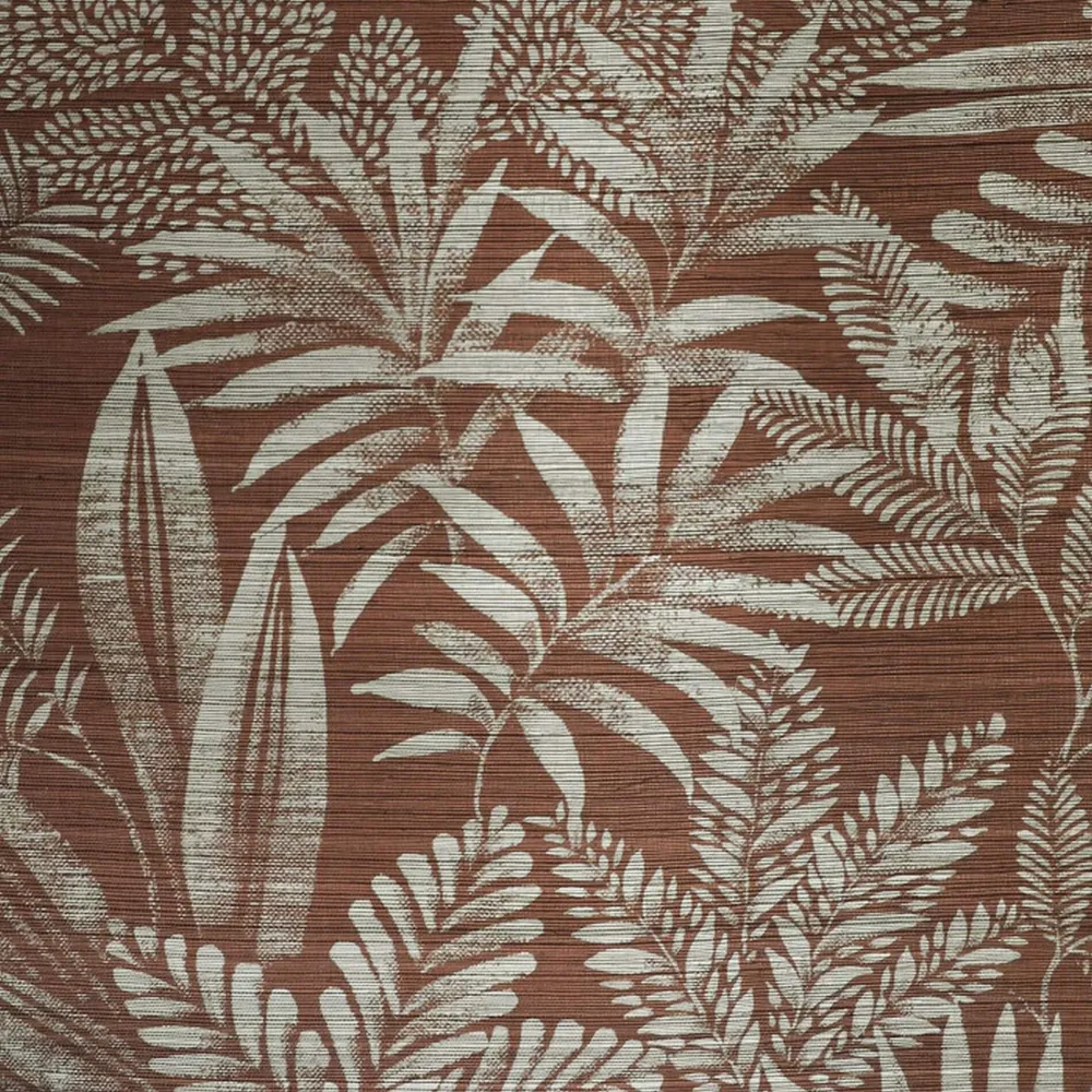 Tapeta strukturovaná z sisalu s rostlinným motivem listů MANDRARE - TERRACOTA terakota s bílou