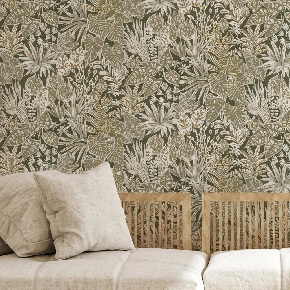 Tapeta se strukturovaným rostlinným motivem listů MADHUCA - KAKI khaki
