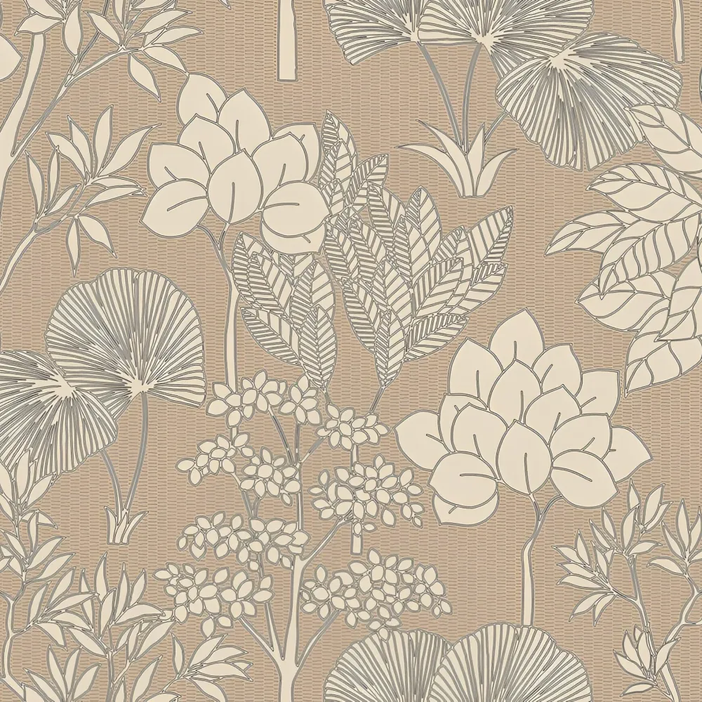 Tapeta se strukturovaným rostlinným vzorem listů květin INARA - BEIGE/DORÉ tmavě béžová