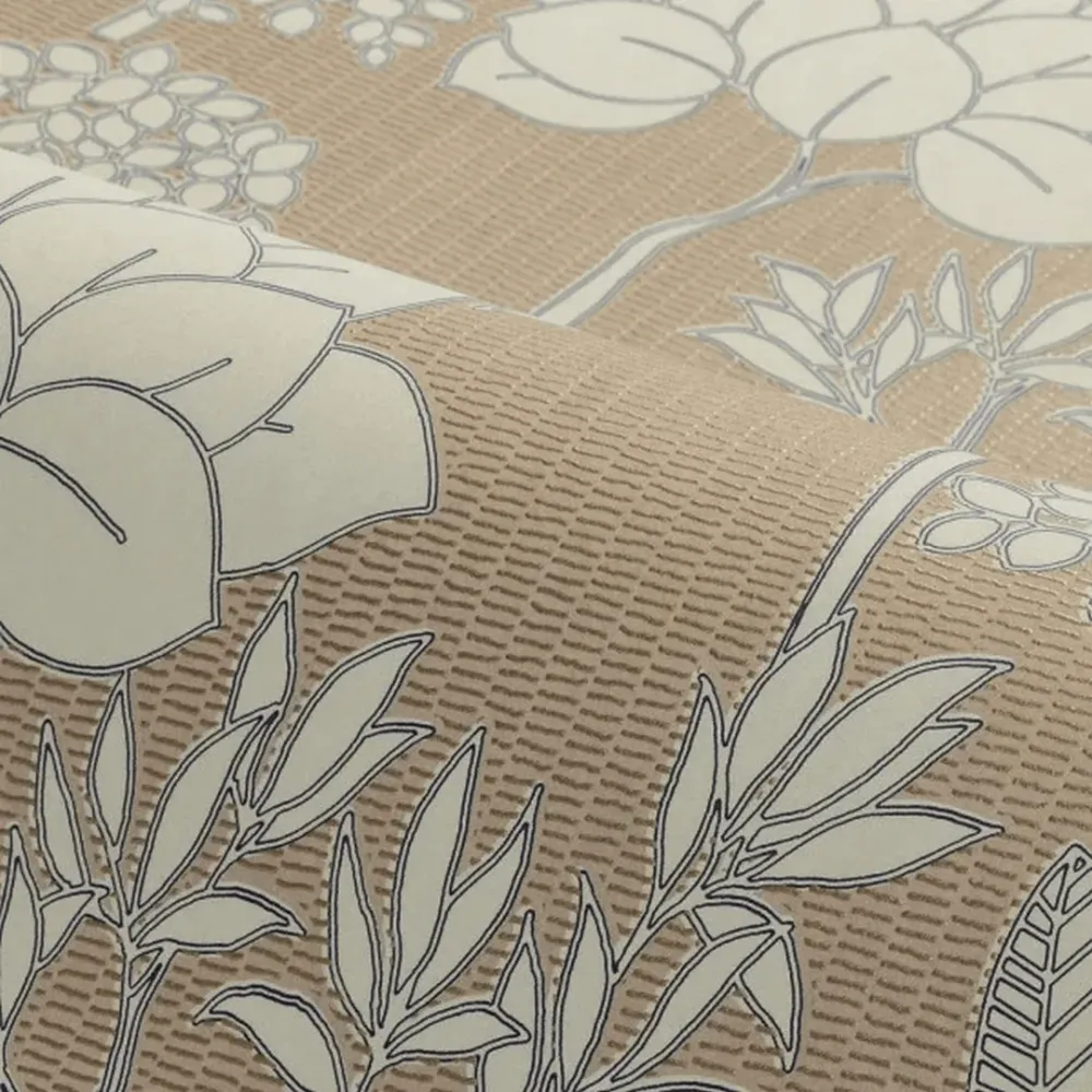 Tapeta se strukturovaným rostlinným vzorem listů květin INARA - BEIGE/DORÉ tmavě béžová