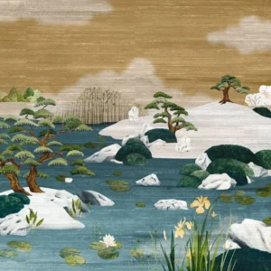 Textilní mural s japonskou krajinou ADACHI - MORDORÉ MARINE modrý s bronzem
