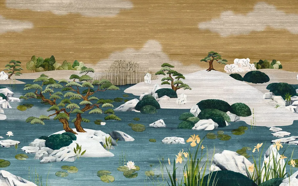 Textilní mural s japonskou krajinou ADACHI - MORDORÉ MARINE modrý s bronzem