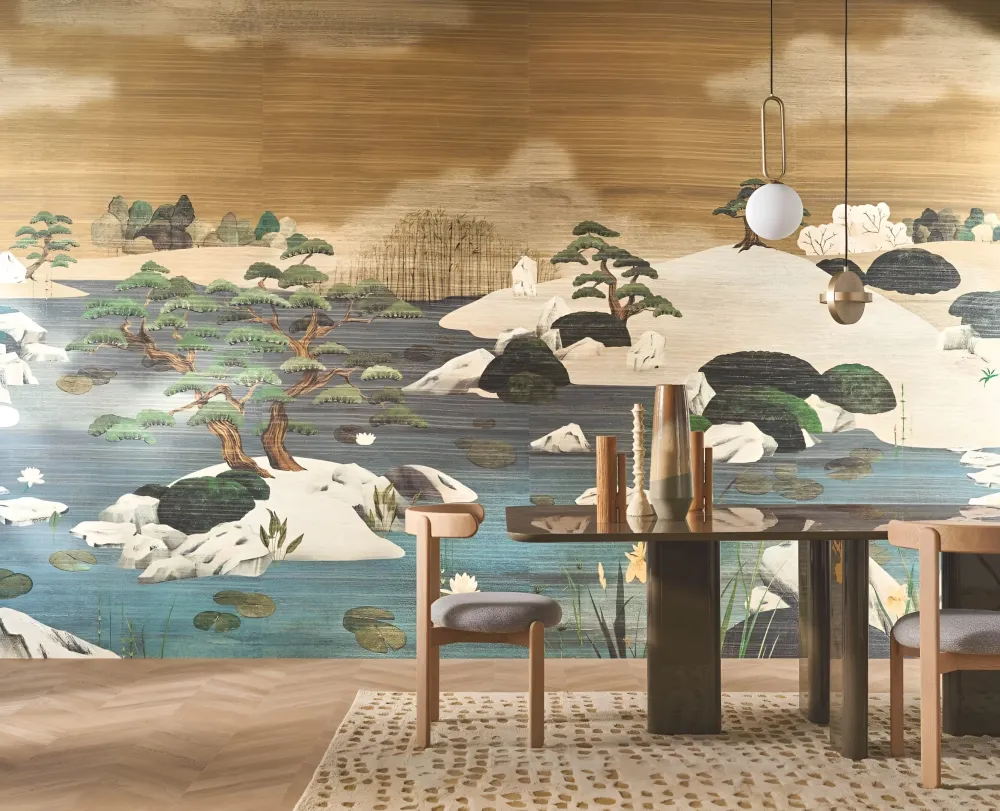 Textilní mural s japonskou krajinou ADACHI - MORDORÉ MARINE modrý s bronzem