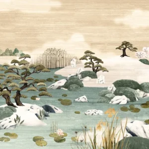 Textilní mural s japonskou krajinou ADACHI - SABLE OPALINE ztlumená béžová se zelenou