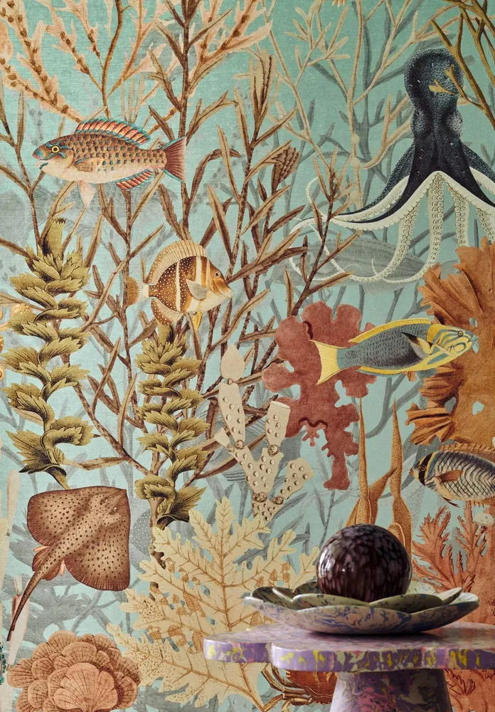 Textilní mural s motivem korálového útesu MOOREA modrý