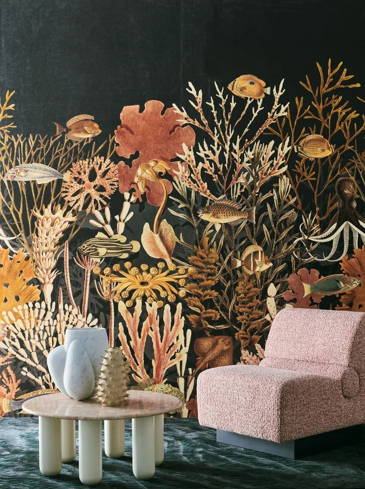 Textilní mural s motivem korálového útesu MOOREA modrý