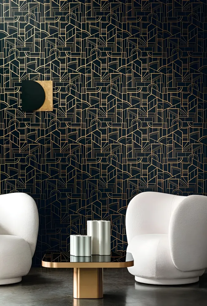 Textilní tapeta s geometrickým motivem art deco REIMS - CÉLADON zelenkavý se zlatým