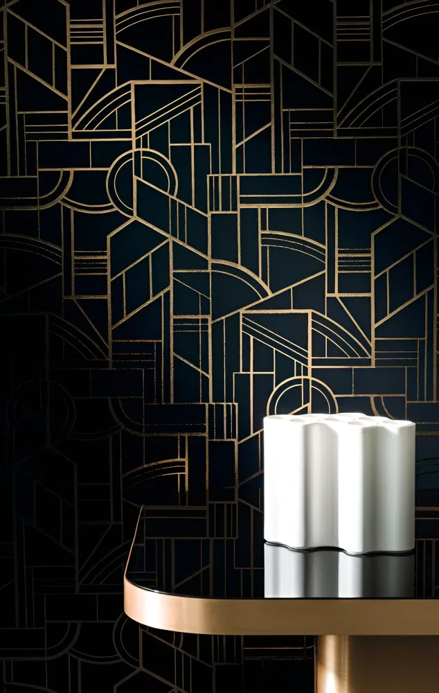 Textilní tapeta s geometrickým motivem art deco REIMS - CÉLADON zelenkavý se zlatým