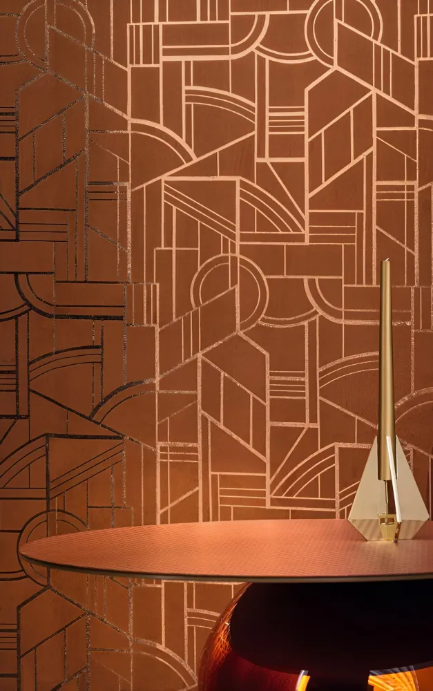 Textilní tapeta s geometrickým motivem art deco REIMS - AMBRE zlatavá s bílou