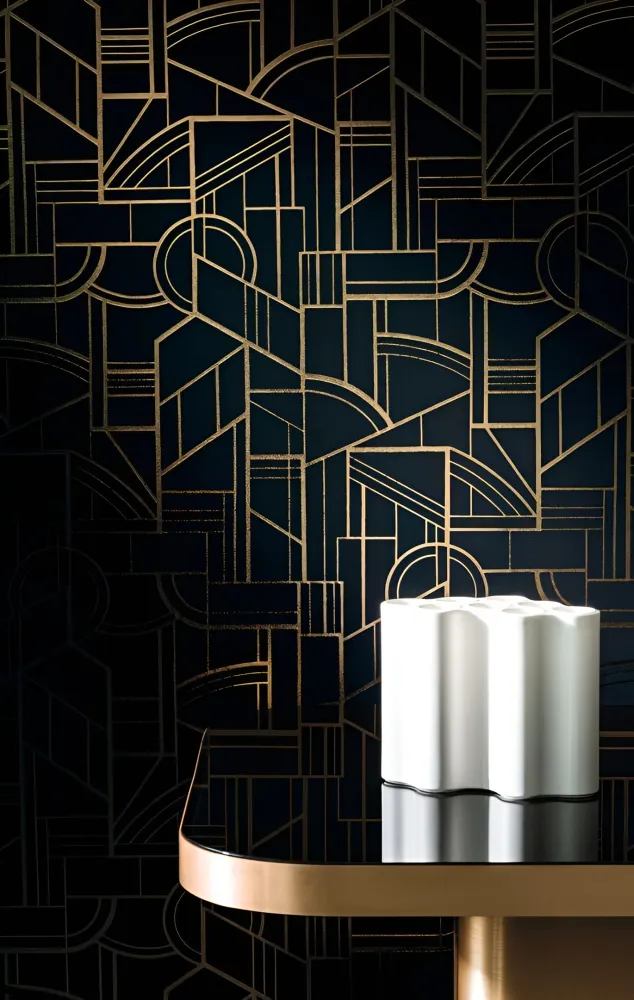 Textilní tapeta s geometrickým motivem art deco REIMS - NOIR DE LUNE černá se zlatou