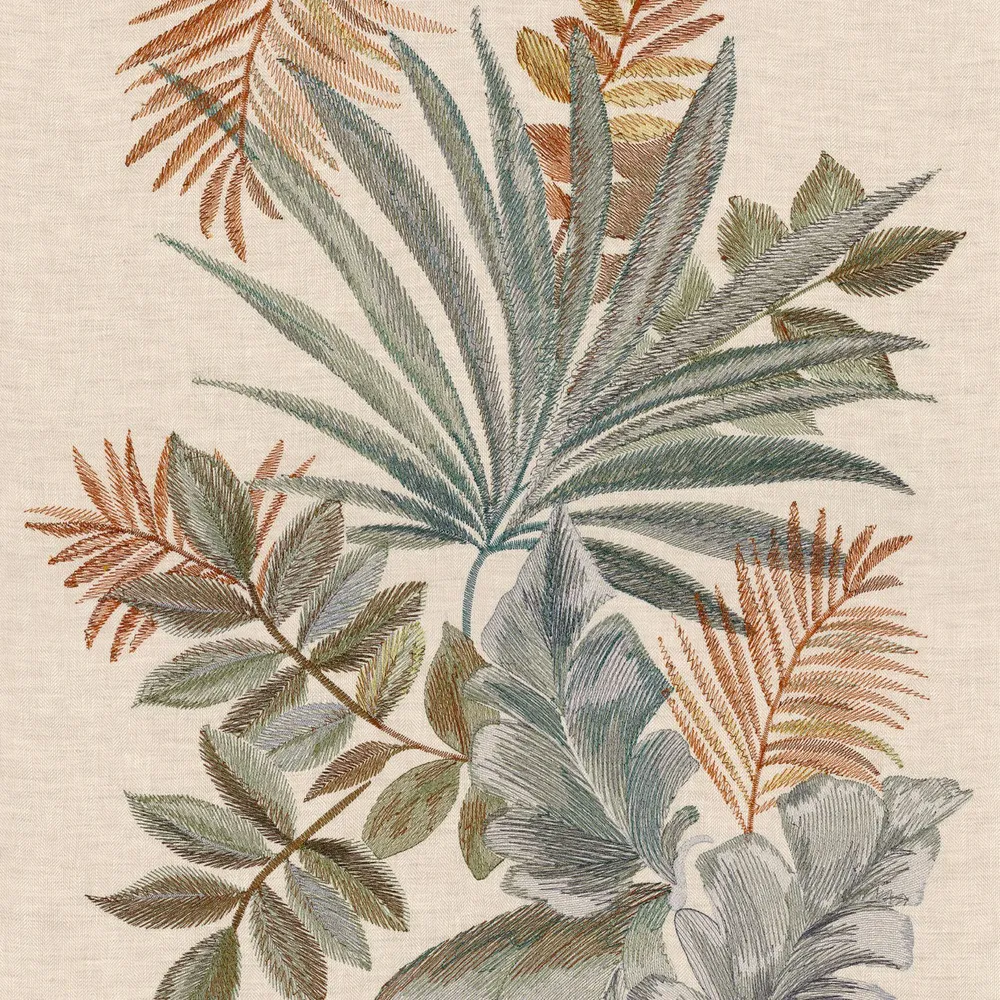 Textilní tapeta s rostlinným motivem listů JARDIN EPHEMERE - TERRE DE SIENNE ztlumená růžová se zelenou
