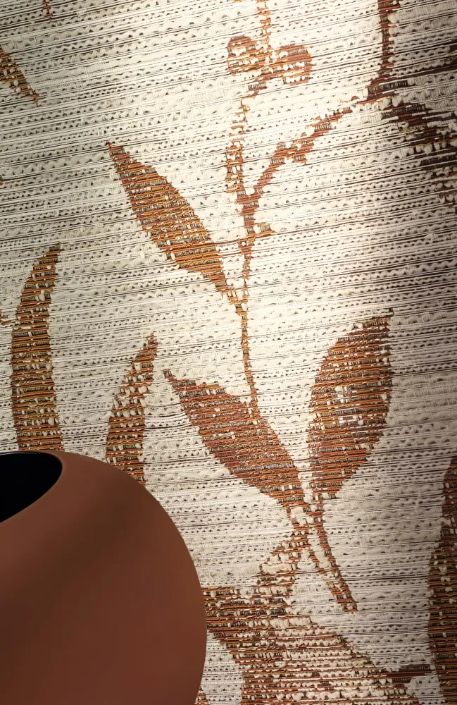 Textilní tapeta s rostlinným motivem listů SALIX - ORANŽOVÁ BRÛLÉ/OCRE spálená pomerančová s béžovou