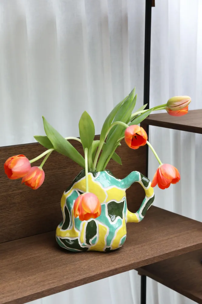 Váza JUG--VASE zelená se žlutou bílou