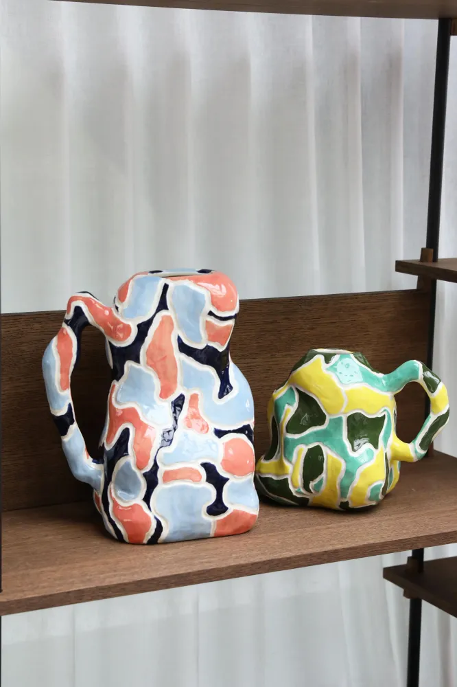 Váza JUG--VASE zelená se žlutou bílou