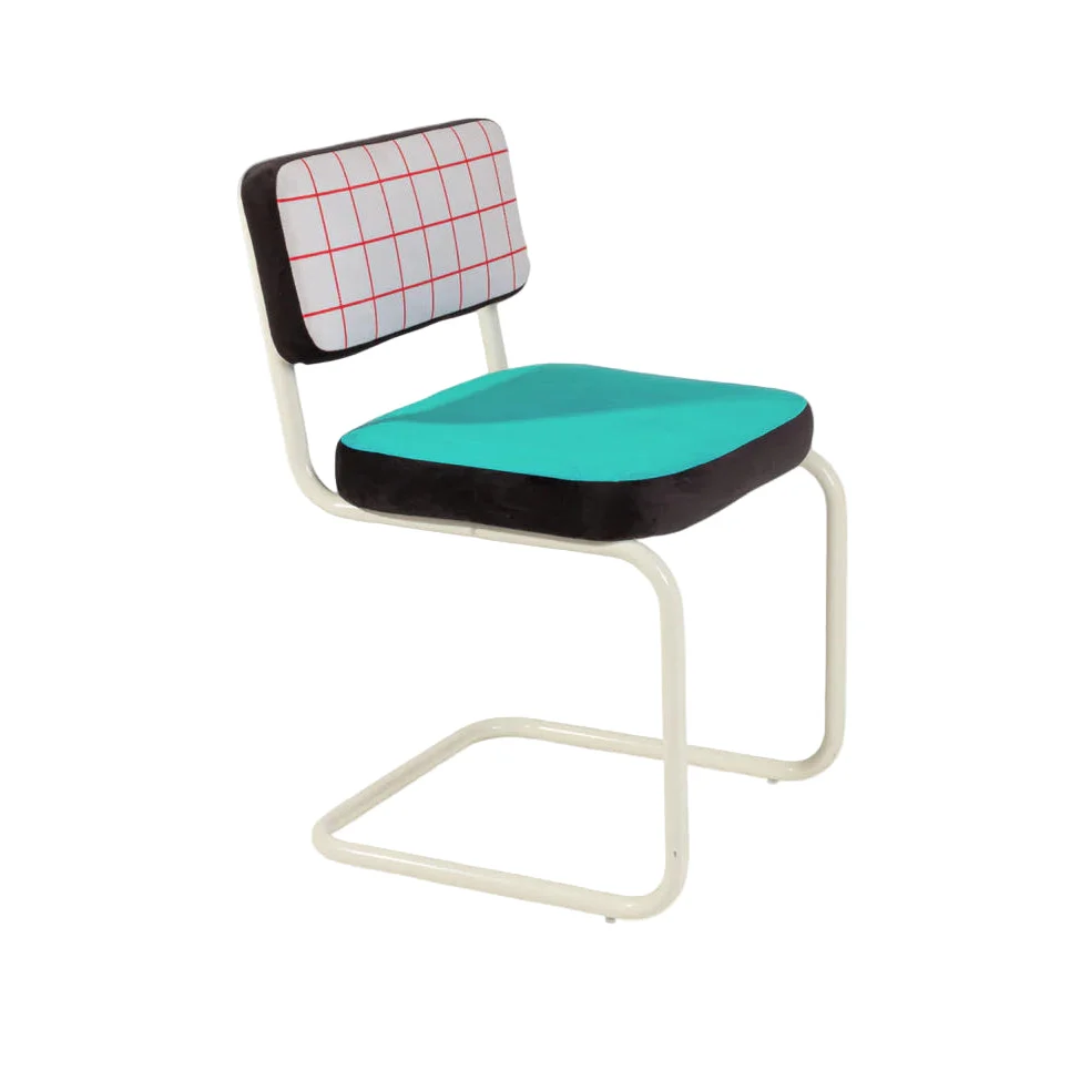 Židle SUPERCHAIR ČERVENÁ MŘÍŽKA tyrkysová s jasně žlutým podstavcem