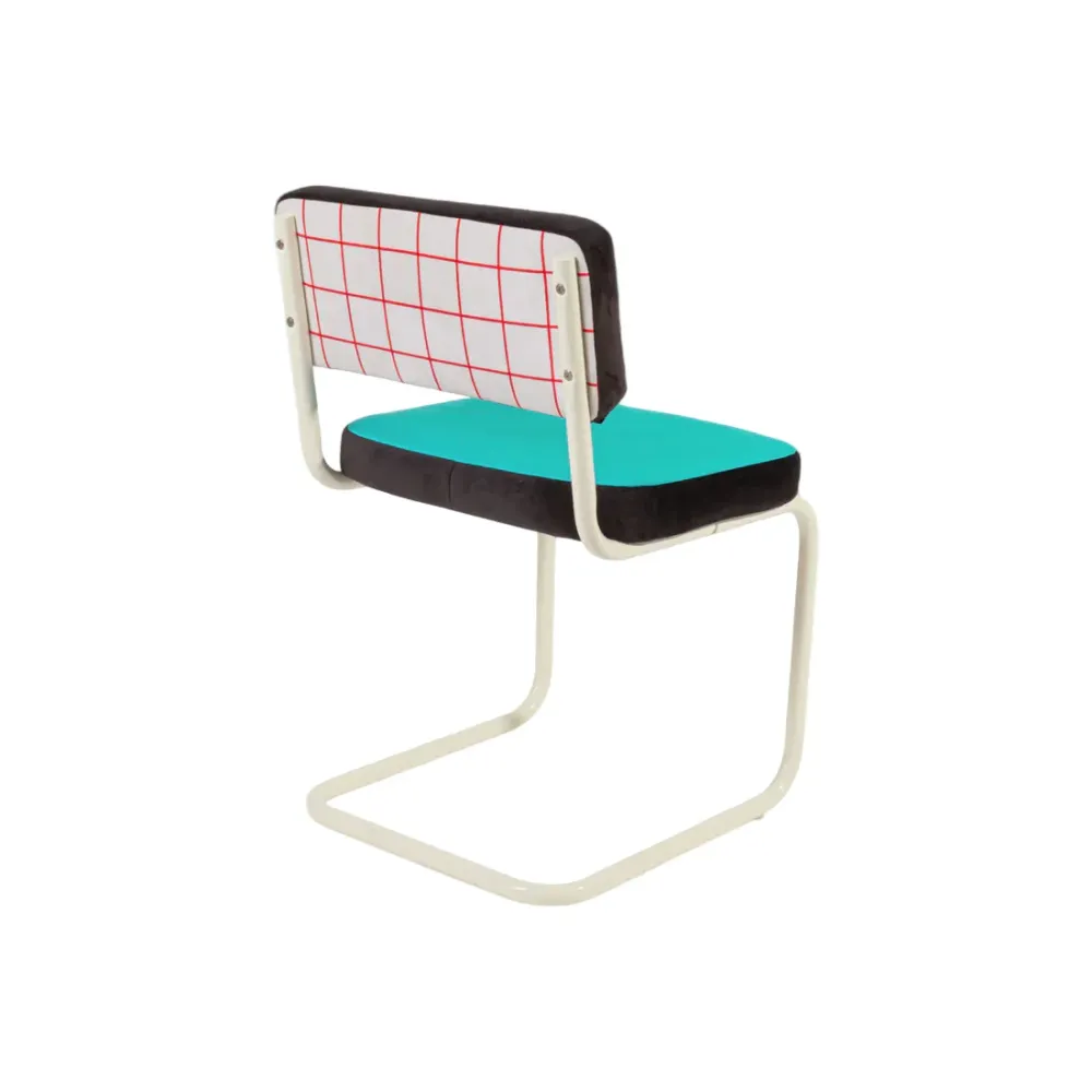 Židle SUPERCHAIR ČERVENÁ MŘÍŽKA tyrkysová s jasně žlutým podstavcem