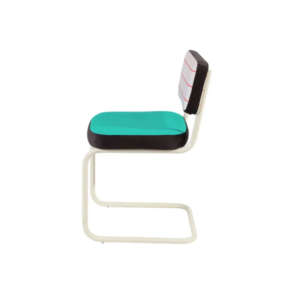 Židle SUPERCHAIR ČERVENÁ MŘÍŽKA tyrkysová s jasně žlutým podstavcem