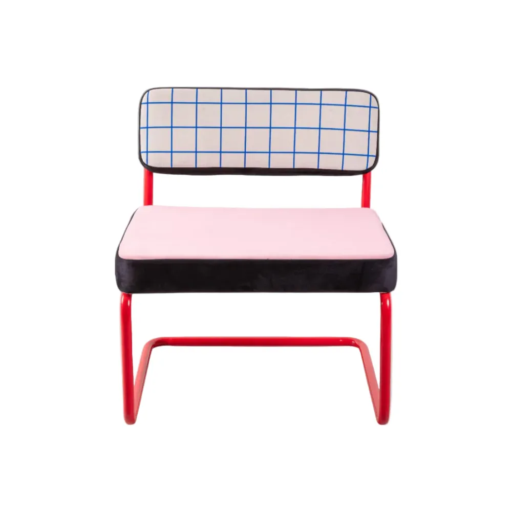 Křeslo SUPERLOUNGE CHAIR MODRÁ MŘÍŽKA růžové s červeným podstavcem