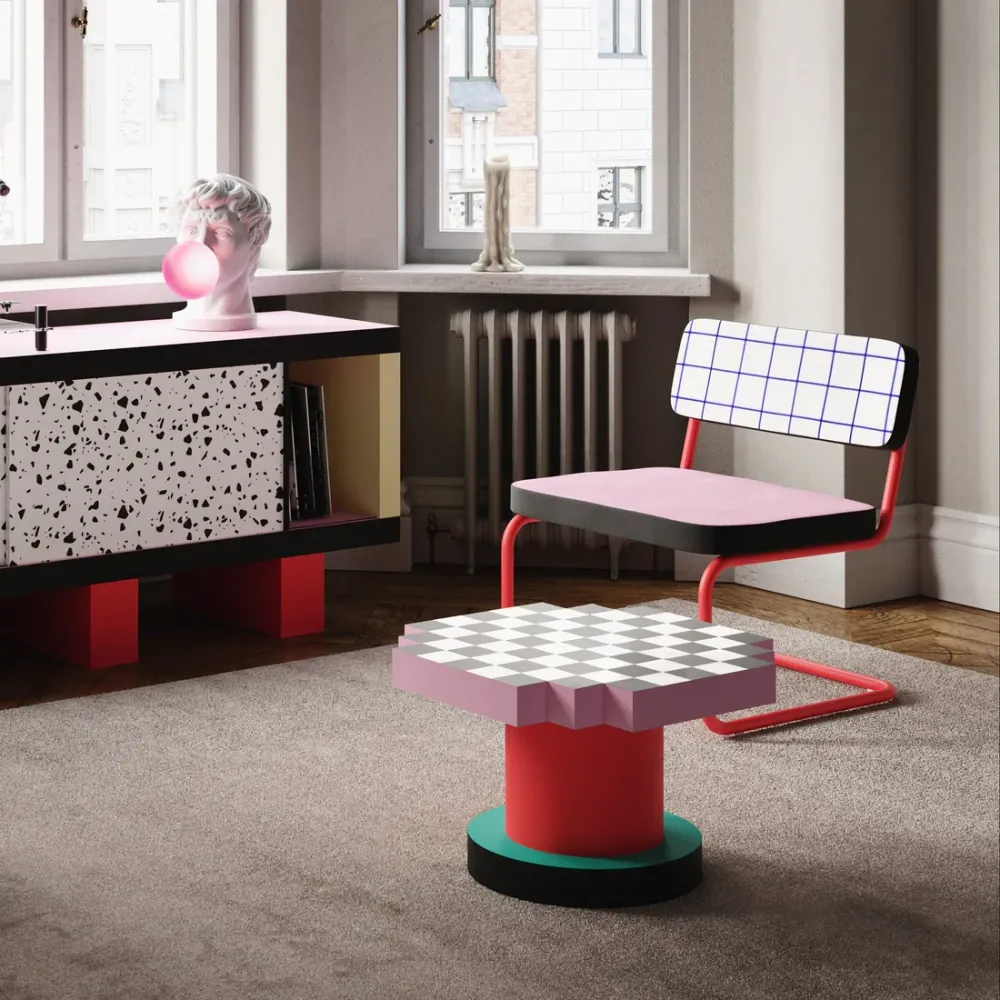 Křeslo SUPERLOUNGE CHAIR MODRÁ MŘÍŽKA růžové s červeným podstavcem