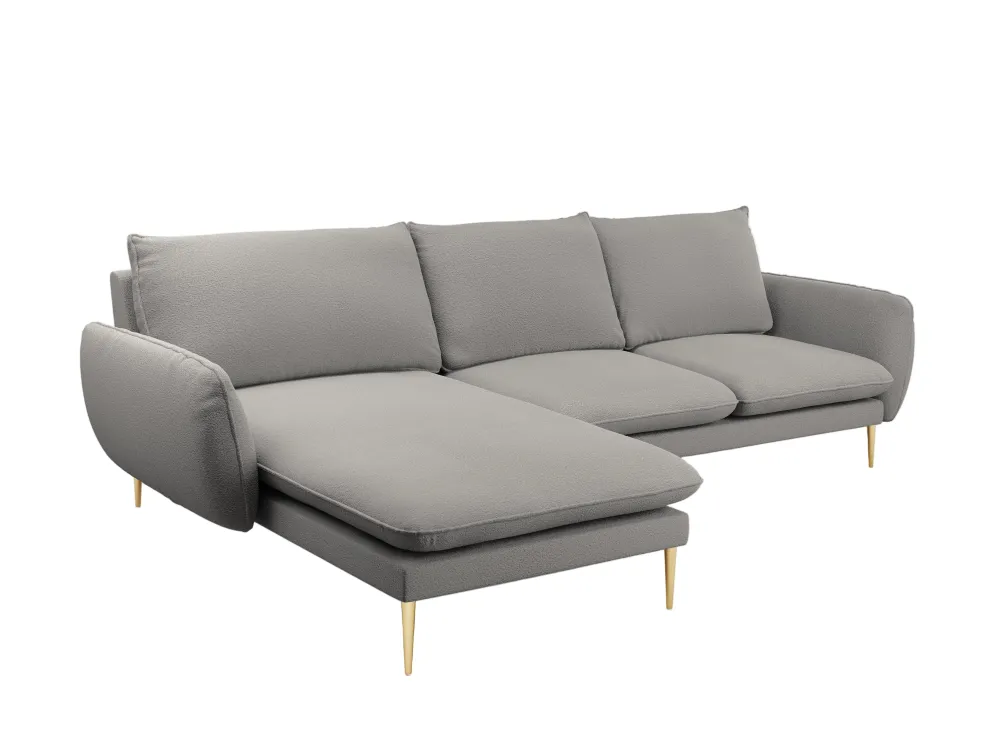 Šedý boucle levostranný rohový gauč pro 5 osob VIENNA se zlatou základnou