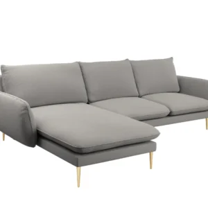 Šedý boucle levostranný rohový gauč pro 5 osob VIENNA se zlatou základnou