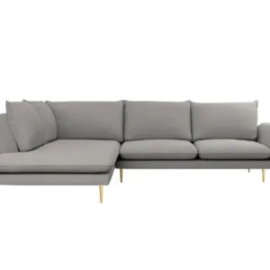 Šedý boucle rohový gauč pro 6 osob levý VIENNA se zlatou základnou