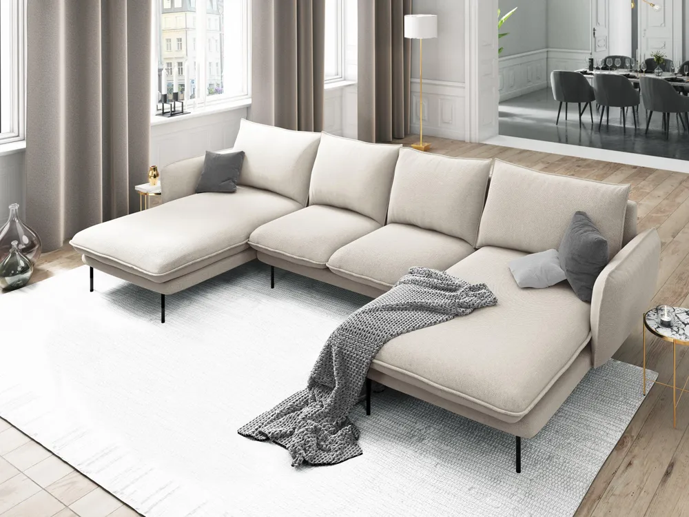 Pohovka panoramatická pro 6 osob VIENNA světle béžový šenil s černým podstavcem