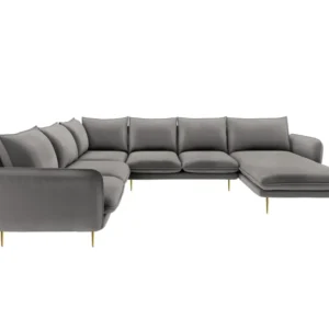Rohová sedačka panoramatická sametová levostranná pro 7 osob VIENNA světle šedá se zlatým podstavcem