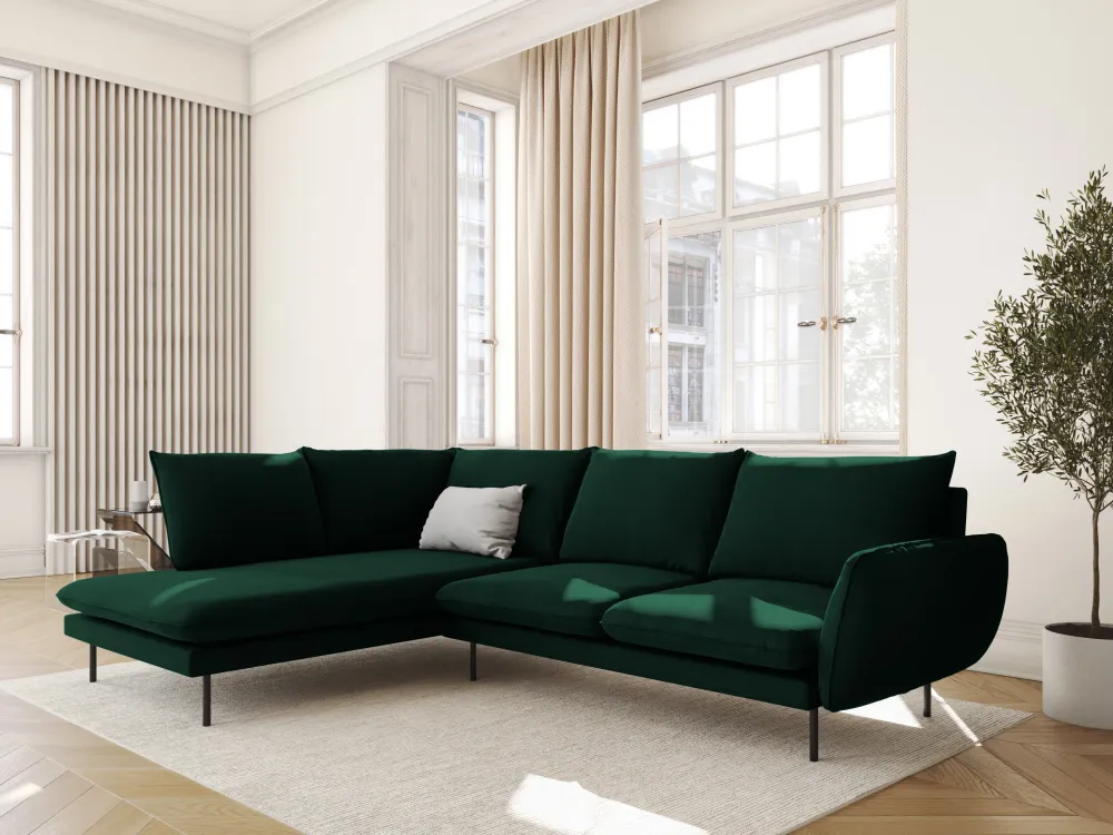 Sametový rohový gauč pro 6 osob, levostranný VIENNA, lahvově zelený s černým podstavcem