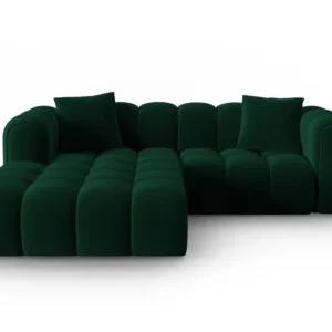Sametový rohový gauč pro 3 osoby levý ASTRO v lahvově zelené barvě