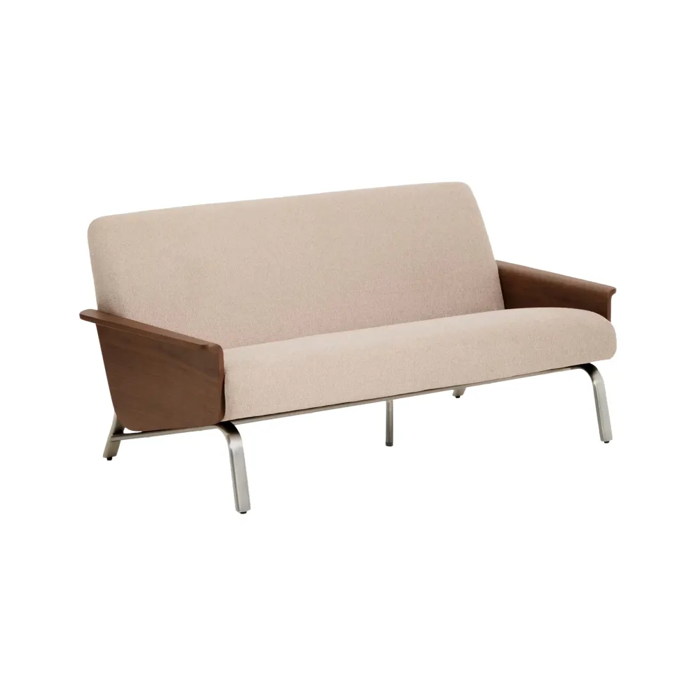 Sofa pro 2 osoby AMSEN světle hnědá s ořechovou překližkou ocelovým podstavcem