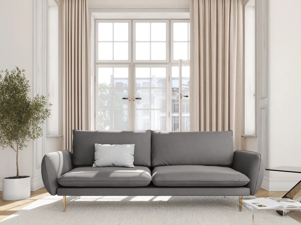 Sofa sametová 3-místná VIENNA světle šedá se zlatým podstavcem
