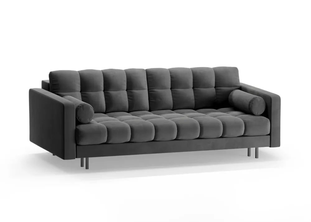 Sofa sametová 3-osobová s funkcí spaní BALI šedá s černým podstavcem