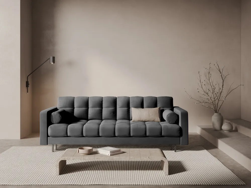 Sofa sametová 3-osobová s funkcí spaní BALI šedá s černým podstavcem