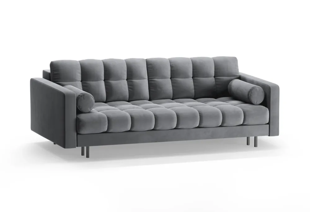 Sofa sametová 3-osobová s funkcí spaní BALI světle šedá s černým podstavcem