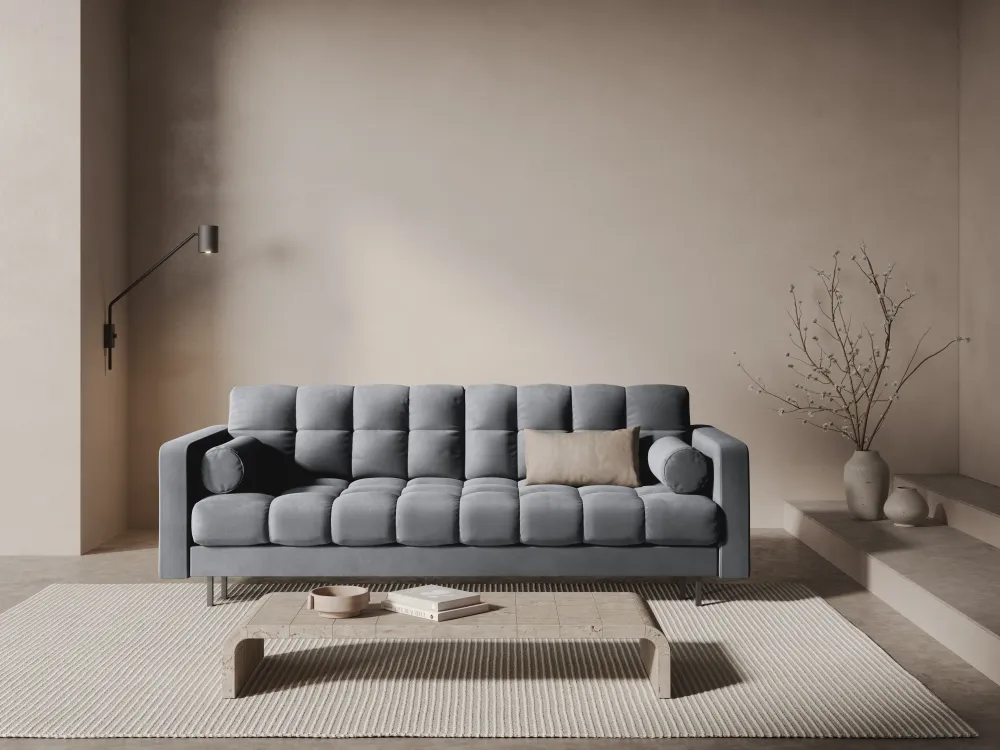 Sofa sametová 3-osobová s funkcí spaní BALI světle šedá s černým podstavcem