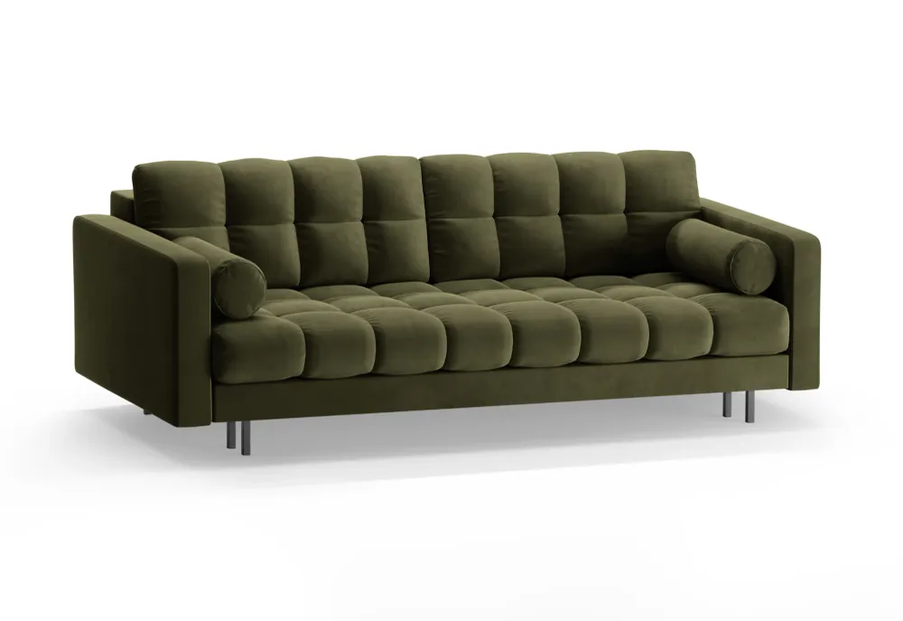 Sofa sametová 3-osobová s funkcí spaní BALI zelená s černým podstavcem