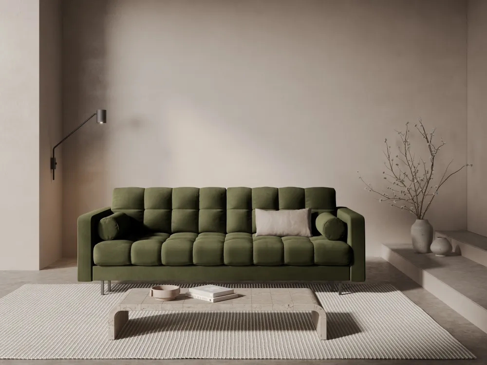 Sofa sametová 3-osobová s funkcí spaní BALI zelená s černým podstavcem