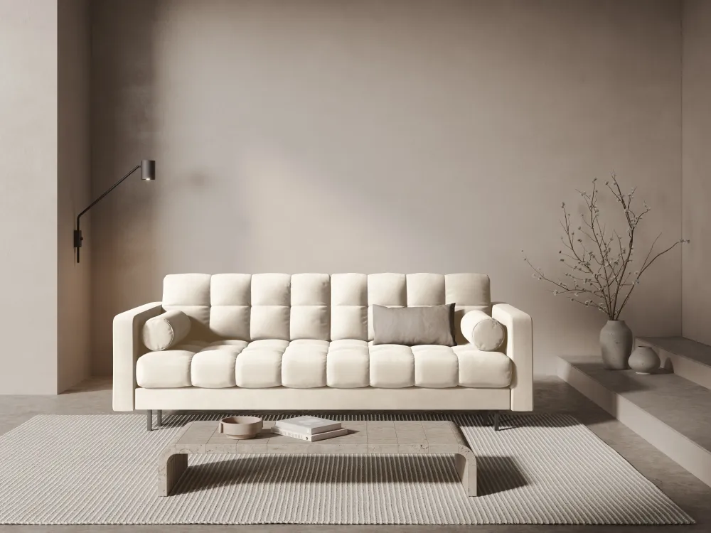Sofa sametová 3-osobová s funkcí spaní BALI světle béžová s černým podstavcem