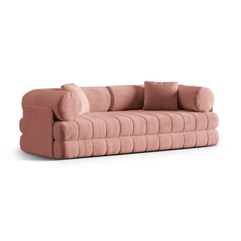 Sofa sametová 3-osobová s funkcí spaní KEMI růžová