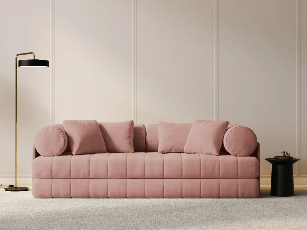 Sofa sametová 3-osobová s funkcí spaní KEMI růžová