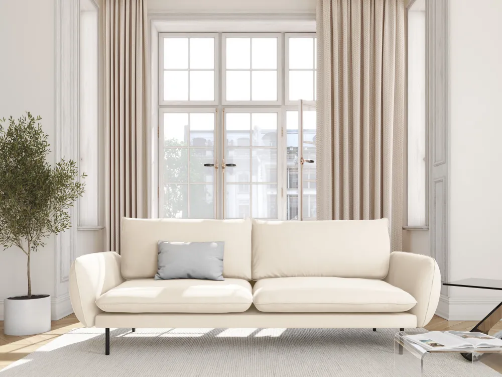 Sofa sametová 3-osobová VIENNA béžová s černým podstavcem