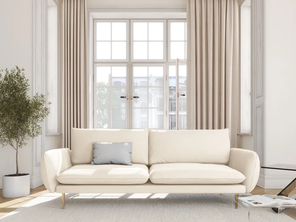 Sofa sametová 3-osobová VIENNA béžová se zlatým podstavcem